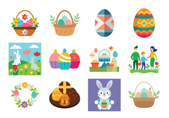 Set of Easter design elements. Easter Sunday Eggs, chicken, butterfly, rabbit, tulips bundle