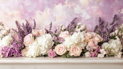 Pastel roses, lavender bouquet on mantel, purple background, floral arrangement, wedding decor