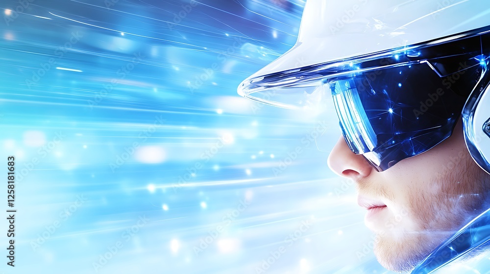 Poster person wearing futuristic helmet and visor in a high speed tunnel of light and data streams