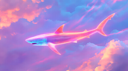 A futuristic holographic shark swimming through the sky
