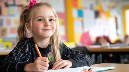 Smiling caucasian female child writing in classroom with pink bow and freckles.