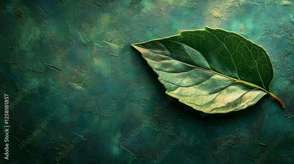 Aufkleber single green leaf rests on a dark green textured surface. a vibrant image representing nature. macro