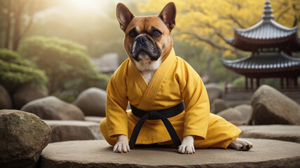 French bulldog in traditional martial arts uniform poses in tranquil garden