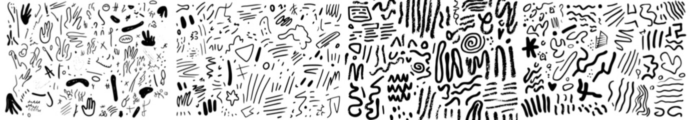 Modern grunge elements: a set of grungy hand drawn scribbles, brush strokes, and dots isolated on a white background, representing universal creative contemporary design elements