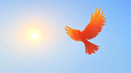 Fototapeta premium Golden Bird Silhouette Sunrise Flight - A vibrant orange bird soars gracefully against a radiant sun, symbolizing freedom, hope, new beginnings, spiritual awakening, and divine connection