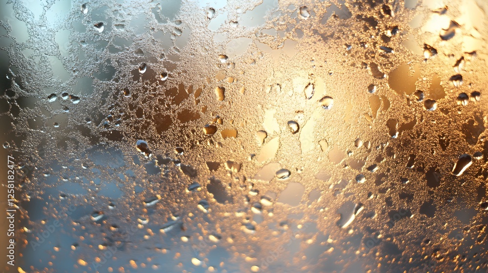 Poster Golden sunlight through a condensation-covered window. Abstract textures and patterns created by water droplets. Macro Texture Backgrounds. Golden Hour Condensation: A Window's Breathtaking Abstract