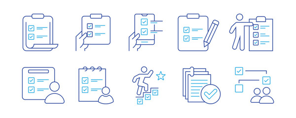 clipboard task checklist business checkmark icon set project goal progress management to-do list document outline vector illustration schedule priority design for web and app. stock vector. eps 10. 