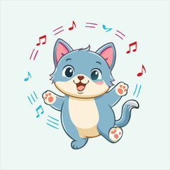 Fluffy kitten doing a joyful hop with music notes around