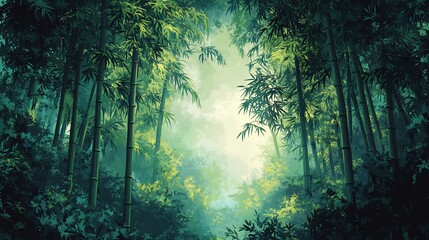 Obraz premium Serene Bamboo Forest Path Soft Light Mystical Green Ambiance. AI Generated