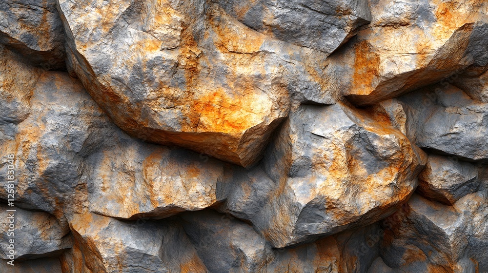 Poster Close-up view of a rough, textured rock surface with shades of grey and orange. The image showcases the intricate detail and natural formations of the rocks. Macro Texture Backgrounds.