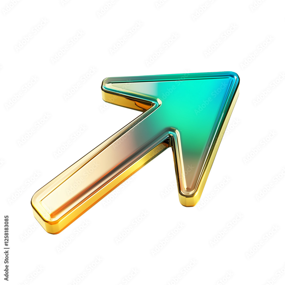 Poster shiny metallic gold and teal arrow icon 3d render cursor upward direction navigation, transparent ba