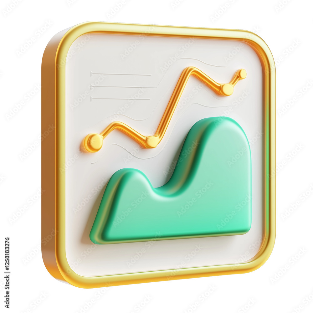 Poster 3d render of green and gold area chart icon app ui financial growth business data visualization, tra