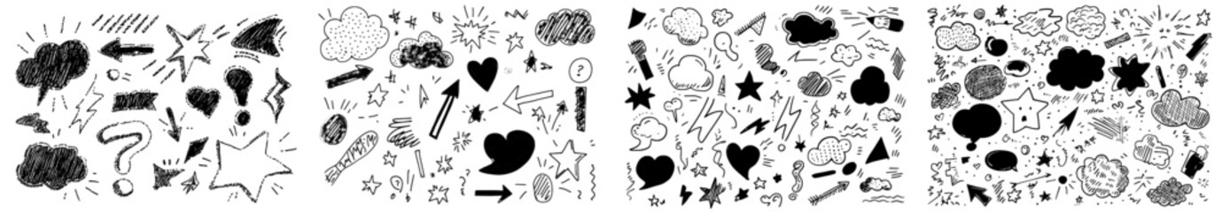 A super set of distinct hand-drawn elements including a collection of arrows, crowns, circles, and doodles on a white background, showcasing modern graphic design