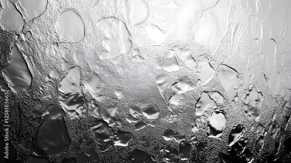 Poster Close-up of an abstract silver texture with various shapes and patterns. The image plays with light and shadow for a striking effect. Macro Texture Backgrounds. Etched surface of glass detail texture