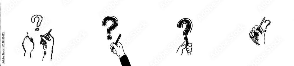 Poster hand writes a question mark, sketching a single line to form a quiz and survey symbol; a continuous 