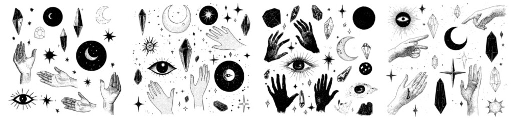 Magical hands: Boho occult magic hand, witch mystical symbol, witchcraft hand-drawn arms with moon and crystal in a modern illustration, icons set