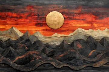 Artistic wooden landscape mural depicting mountains and sun at sunset in warm colors