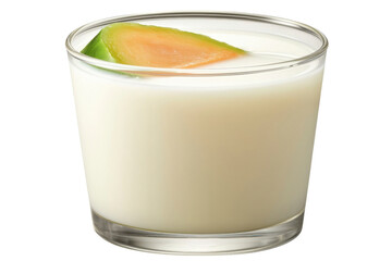 Creamy dessert with melon slice in a clear glass positioned on a light surface showcasing sweet indulgence