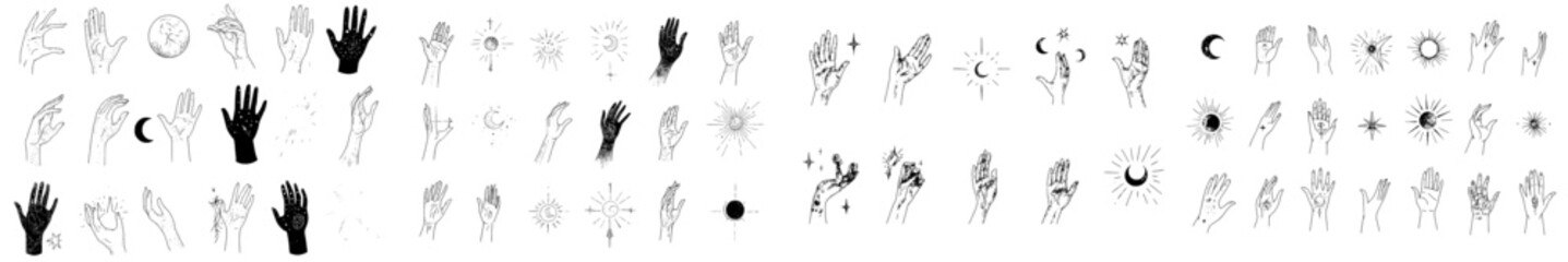 A set of 16 modern magical hand logos: linear style with minimal design, featuring planets, moon phases, sun, and stars