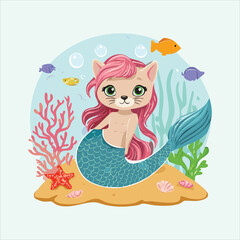 mermaid cat resting on a coral reef