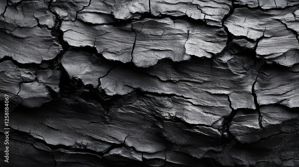 Poster abstract close-up of charcoal texture. black and white photography, showing cracked and rough surfac