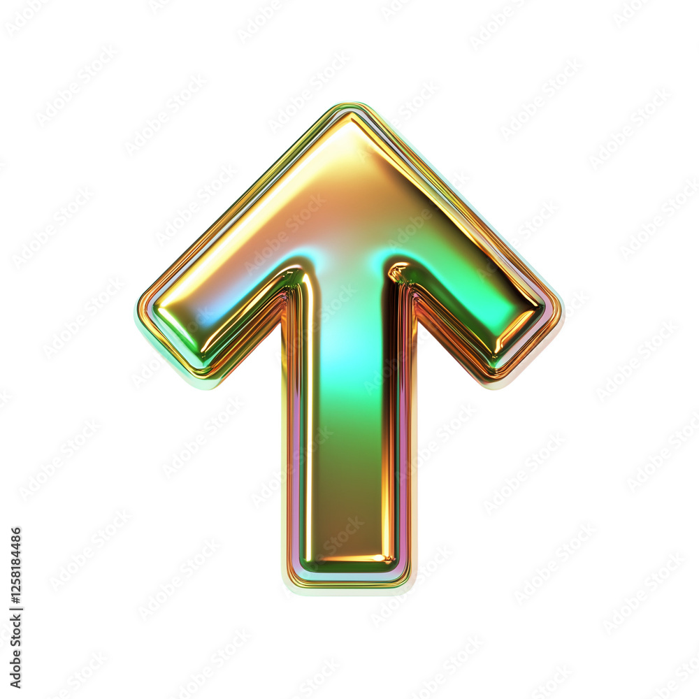 Poster iridescent golden up arrow 3d render shiny metallic abstract symbol graphic design element, transpar
