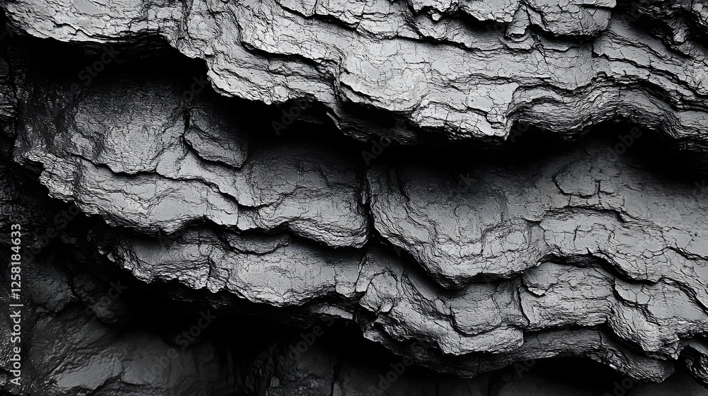 Poster close-up of dark, textured rock layers. a monochrome study in contrasts and geological formations. m