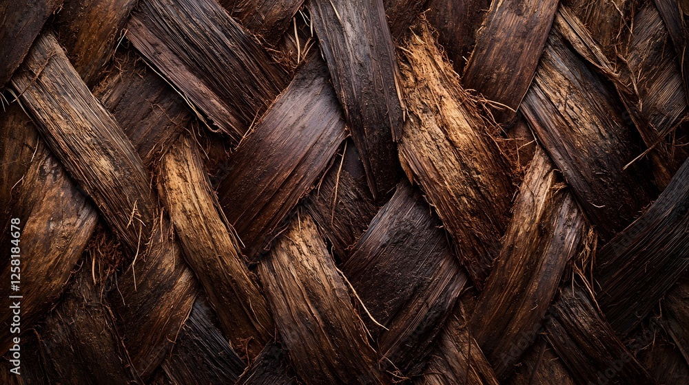 Poster Close-up of a dark brown woven texture, possibly rattan or bamboo. The intricate pattern and natural fibers create a rustic and rich aesthetic. Macro Texture Backgrounds. Fibrous coconut husk detail