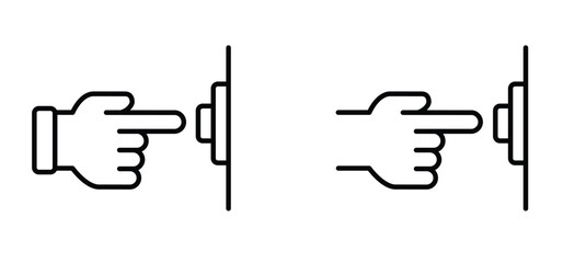 Hand Gesture. Touch or pointing hand to door bell. Finger pressing, pushing or pointing at wall bell. Calling, ringing the doorbell. Hand push or pressed the bell button at the front door.