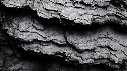 Close-up of dark, textured rock layers. A monochrome study in contrasts and geological formations. Macro Texture Backgrounds. Charcoal Fibrous bark detail Texture.