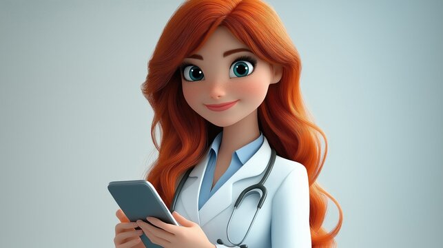 A cheerful animated doctor with red hair, holding a smartphone, radiating warmth and professionalism in a modern healthcare setting.