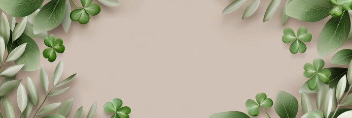 Naklejka premium Lush Green Shamrocks and Leaves Border - Five-leaf clovers and lush greenery frame a beige background, symbolizing luck, nature, growth, spring, and serenity