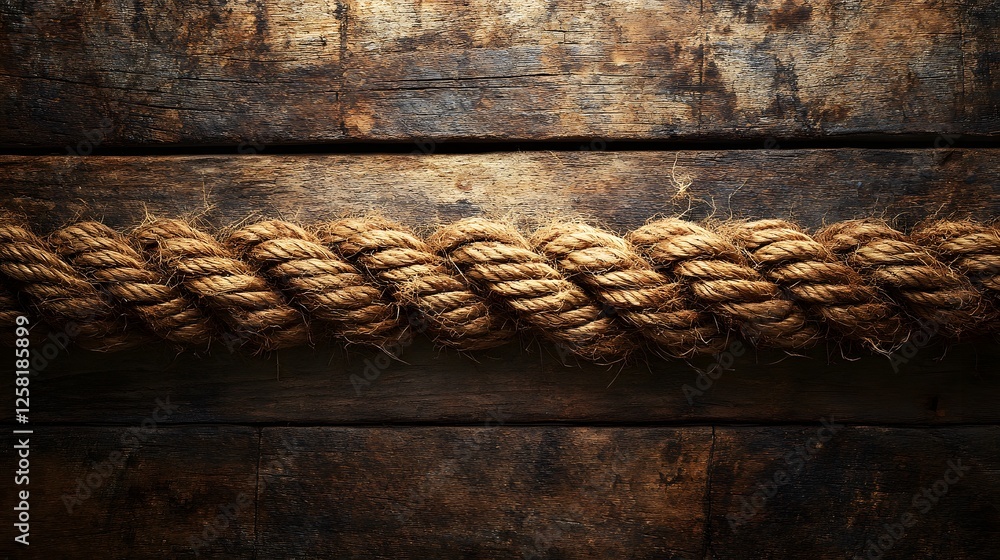 Poster a thick nautical rope lies on a rustic wooden surface, creating a textured background. macro texture