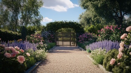 Obraz premium Garden path leads to arched gate, roses bloom, sunny day
