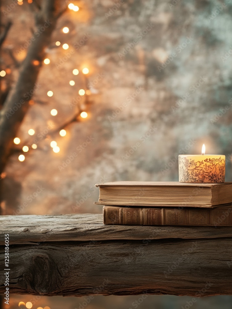 Leinwandbilder stack of books on rustic wooden shelf with candle and soft glowing lights in a cozy setting. generat
