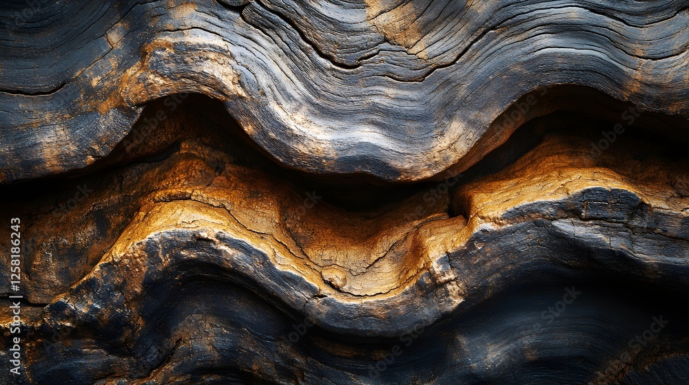 Poster close-up shot of wood texture, showing dark and golden tones. abstract, natural patterns are visible
