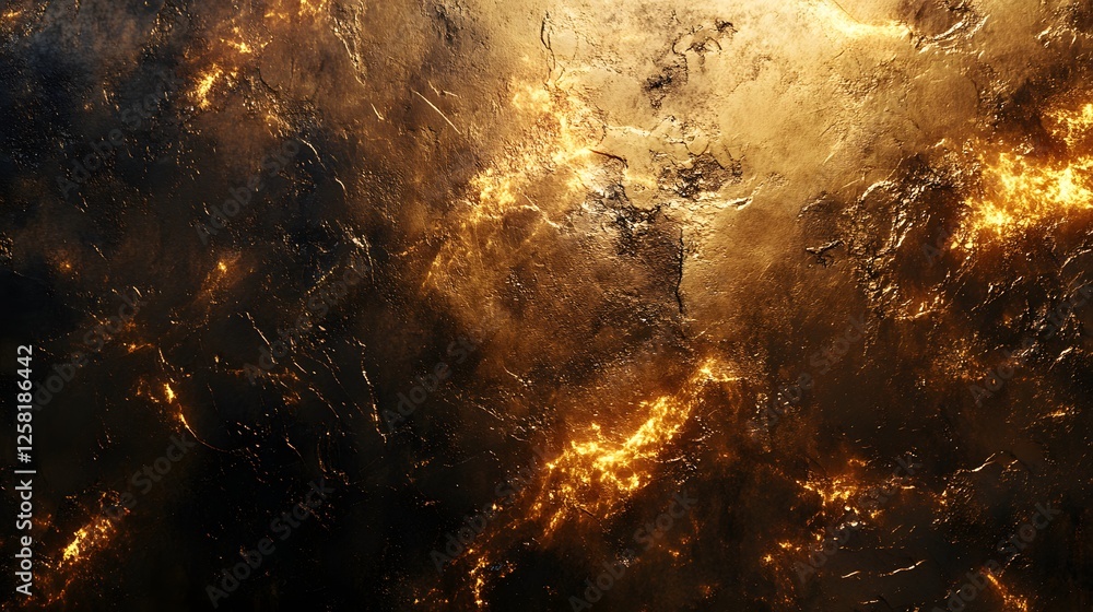 Poster an abstract image showcasing a striking blend of gold and black textures, evoking a cosmic or fiery 