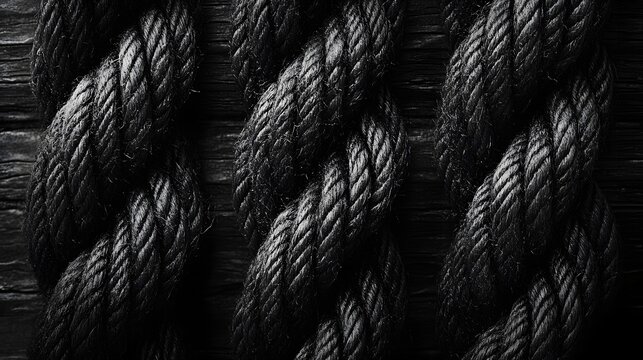 Close-up view of three thick, dark ropes intertwined on a weathered wooden surface. Black and white photography. Macro Texture Backgrounds. Intertwined Thick Ropes on Weathered Wood