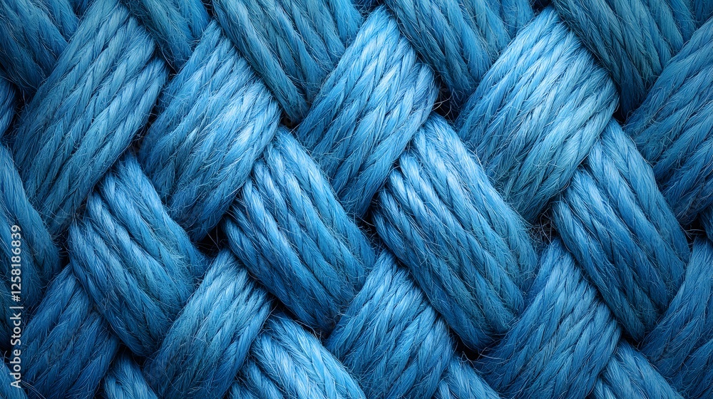 Poster close-up view of a intricately woven blue rope, showcasing the textures and patterns of the braided 