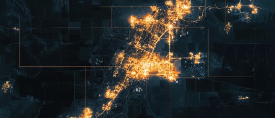 Fototapeta premium Global Economic Crisis Oil Concept. Aerial view of a brightly lit urban area at night, showcasing a network of roads and buildings illuminated in a dark landscape.