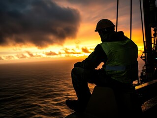 Global Economic Crisis Oil Concept. A worker in a helmet gazes at a stunning sunset over the ocean, silhouetted against the colorful sky.