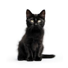 Fototapeta premium Black kitten sitting, gazing intently with wide luminous eyes against pure white seamless backdrop, highlighting feline elegance and innocence