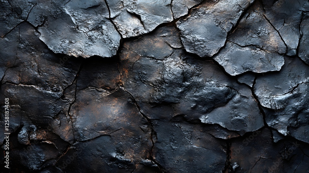 Poster close-up view of a dark, cracked rock surface. great for background. macro texture backgrounds. dark
