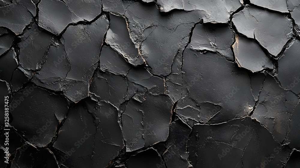 Poster close-up shot of a dark, cracked surface. abstract, monochrome texture ideal for backgrounds. macro 