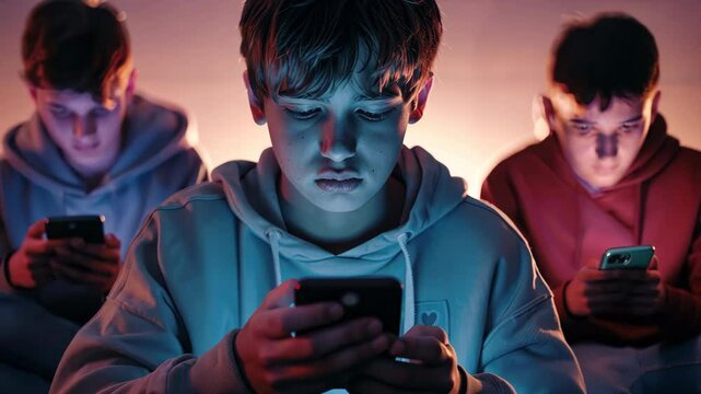 Cell phone addiction concept. Many teens hold smart device. Social media obsession. Online communication problem. People watch mobile gadget screen. Cyberspace internet network. Bad habit. Neon light.