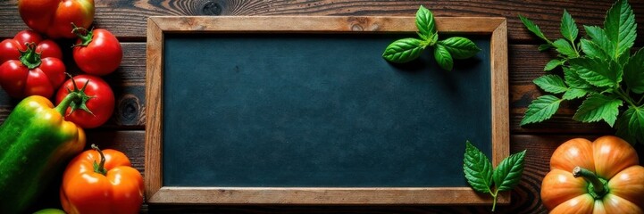 Chalkboard menu with colorful food items on a rustic wooden table, chalkboard menu, drinks, appetizers