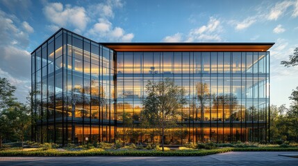 Obraz premium A modern office building with glass windows and trees outside, illuminated by sunlight against.