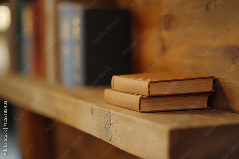 Poster books stacked on a rustic wooden shelf with space for creative text or ideas in a cozy interior sett