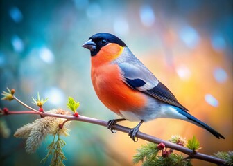Fototapeta premium Long Exposure Photo of a Sitting Bullfinch, Blurred Background, Nature Photography