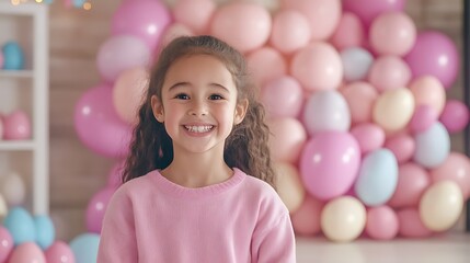 Naklejka premium Portrait of a Happy Young Girl Surrounded by Colorful Pastel Balloons Celebration Party